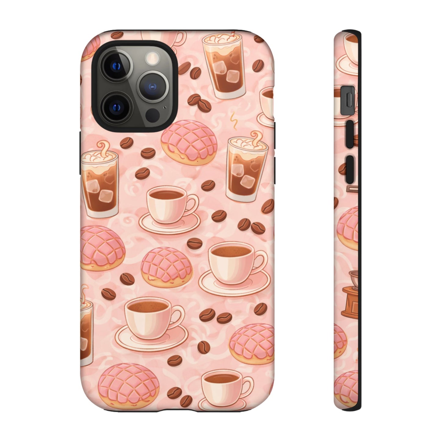Cute Coffee & Pink Concha Phone Case – Coffee Lover Aesthetic Latte Pattern Tough Case