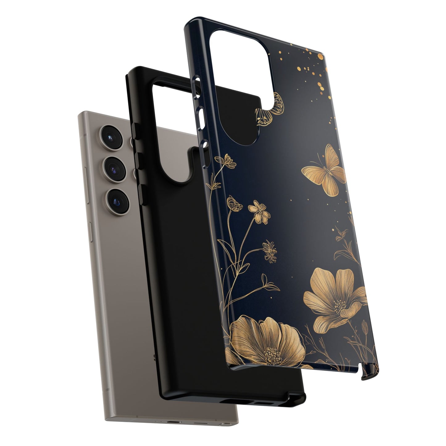 Gold Floral Butterfly Phone Case, Dark Aesthetic Botanical, Elegant Black Luxury iPhone Samsung Cover