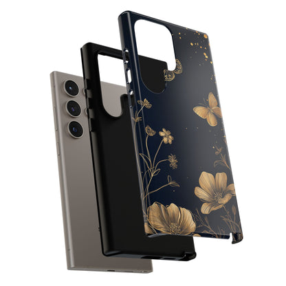 Gold Floral Butterfly Phone Case, Dark Aesthetic Botanical, Elegant Black Luxury iPhone Samsung Cover