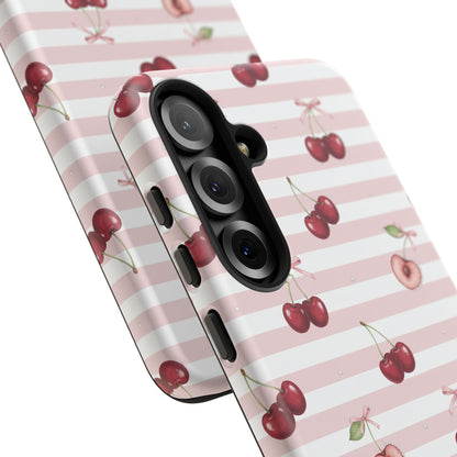 Pink Cherry Stripe Phone Case | Cute Coquette Aesthetic Protective Tough Case