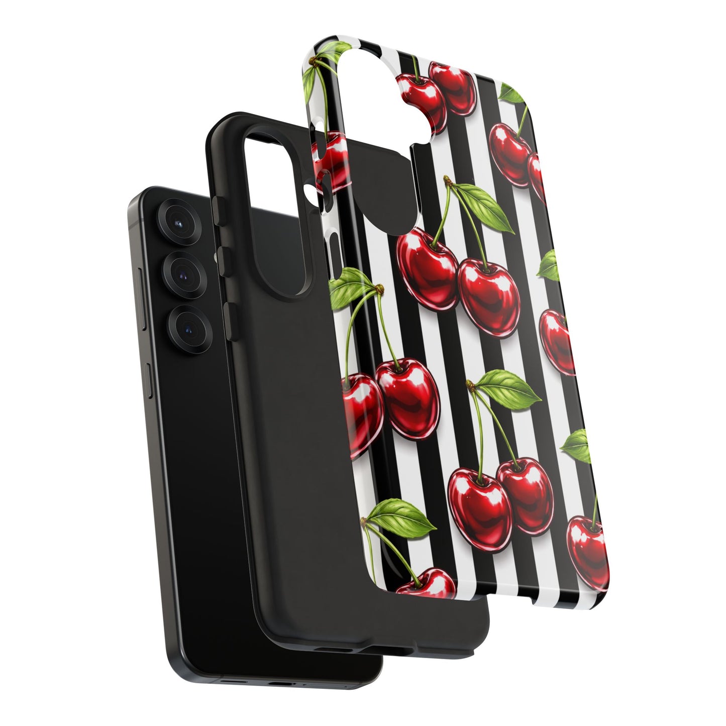 Cherry Pattern Phone Case Black White Stripe Retro Aesthetic Tough Cover