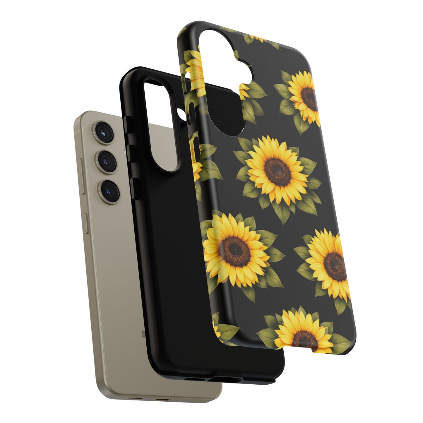 Sunflower Floral Tough Phone Case – Black Background Protective Cover for Iphone, Samsung Galaxy and Pixel