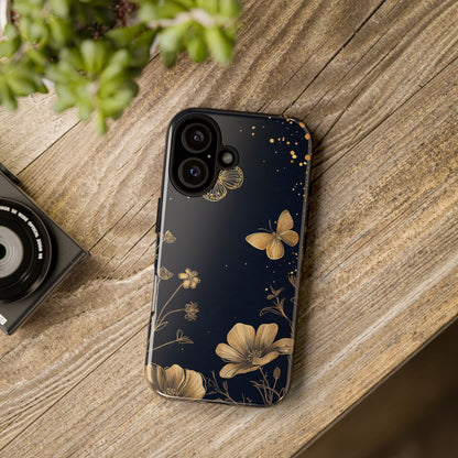 Gold Floral Butterfly Phone Case, Dark Aesthetic Botanical, Elegant Black Luxury iPhone Samsung Cover