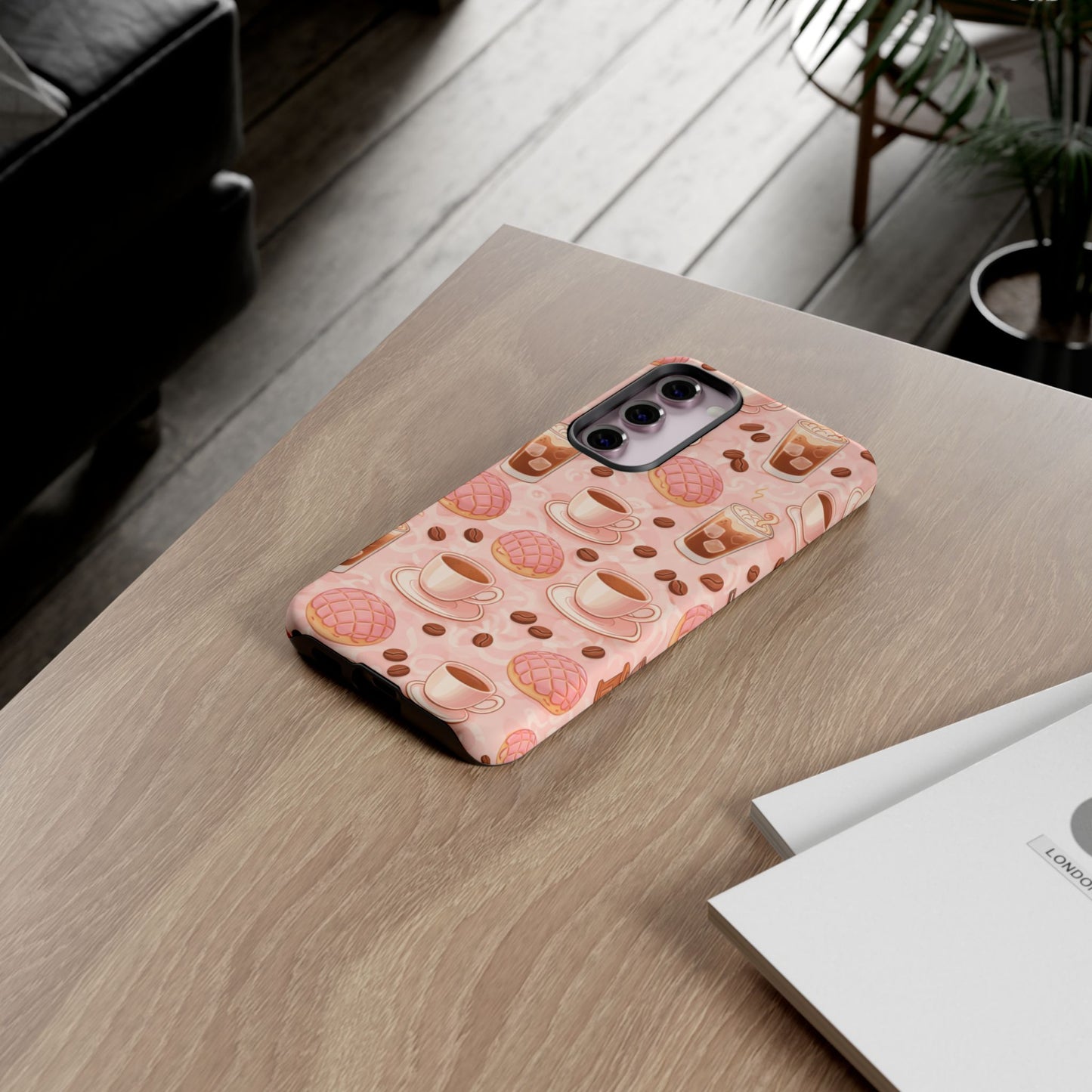 Cute Coffee & Pink Concha Phone Case – Coffee Lover Aesthetic Latte Pattern Tough Case