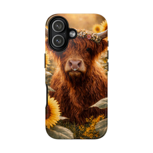 Highland Cow Sunflower Phone Case | Floral Farmhouse iPhone, Samsung Galaxy and Pixel Cover