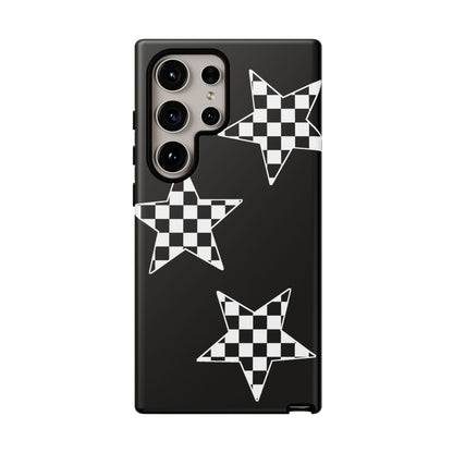 Checkered Star Tough Phone Case – Black Retro Graphic Protective Cover for Iphone, Samsung Galaxy and Pixel