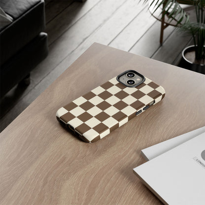 Mocha Checkerboard Phone Case | Neutral Aesthetic Checkered iPhone & Samsung Tough Case