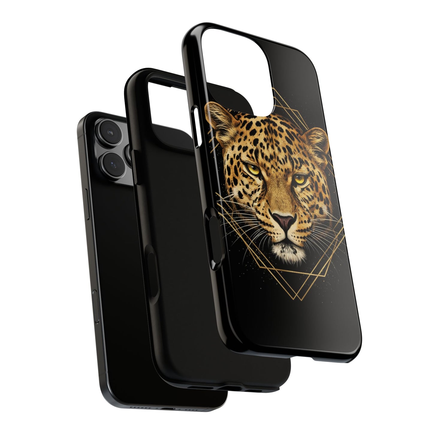 Leopard Head Geometric Phone Case – Black & Gold Luxe Tough Case