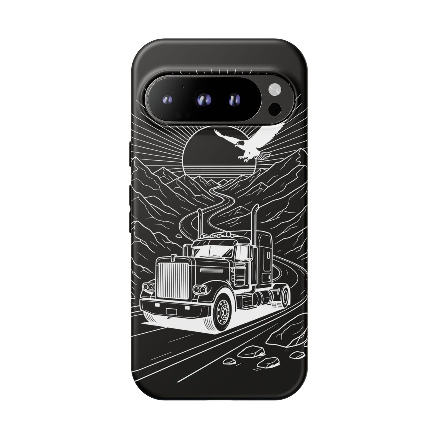 Trucker Highway Phone Case | Eagle & Mountain Line Art | Black Western Tough Case