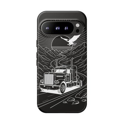 Trucker Highway Phone Case | Eagle & Mountain Line Art | Black Western Tough Case