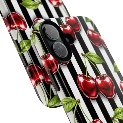 Cherry Pattern Phone Case Black White Stripe Retro Aesthetic Tough Cover