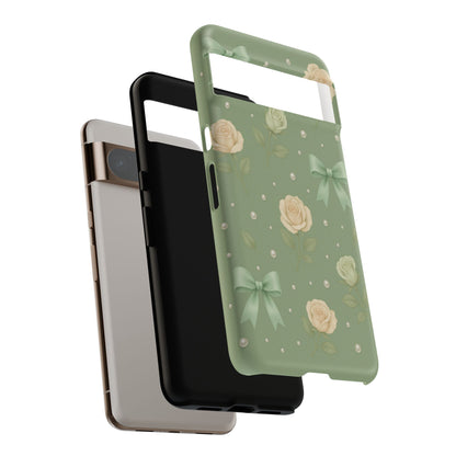 Vintage Rose Bow Phone Case – Sage Green Floral Coquette Aesthetic Tough Case (iPhone, Samsung, Pixel)
