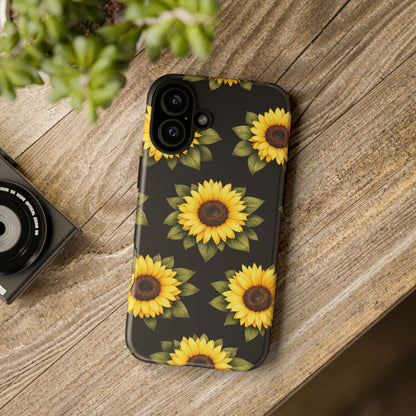 Sunflower Floral Tough Phone Case – Black Background Protective Cover for Iphone, Samsung Galaxy and Pixel