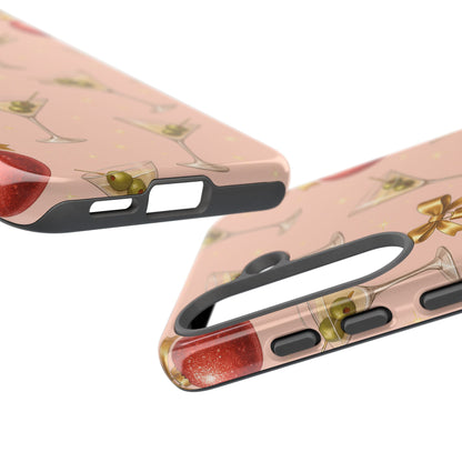 Cocktail Ornament Phone Case – Pink Martini & Cherry Pattern | Glossy or Matte for Iphone, Samsung Galaxy and Pixel