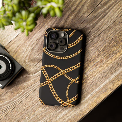 Luxury Gold Chain Phone Case – Black Designer Style Tough Protective Cover for Iphone, Samsung Galaxy and Pixel