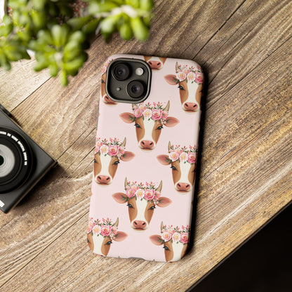 Floral Cow Phone Case – Cute Pink Cow Print Tough Protective Case for Iphone, Samsung Galaxy and Pixel