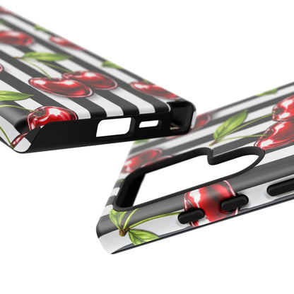 Cherry Pattern Phone Case Black White Stripe Retro Aesthetic Tough Cover