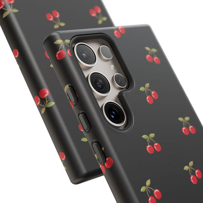 Cherry Pattern Phone Case — Slim Black Protective iPhone Case with Red Cherries for Iphone, Samsung Galaxy and Pixel