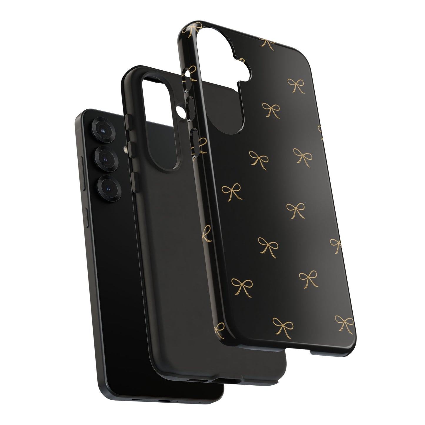 Black Phone Case with Gold Bow Pattern – Slim Protective Cute Aesthetic Cover for Iphone, Samsung Galaxy and Pixel