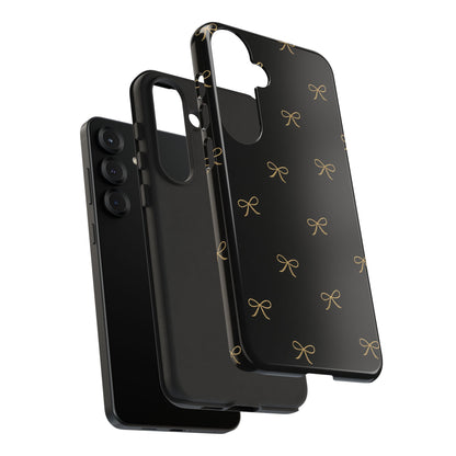 Black Phone Case with Gold Bow Pattern – Slim Protective Cute Aesthetic Cover for Iphone, Samsung Galaxy and Pixel