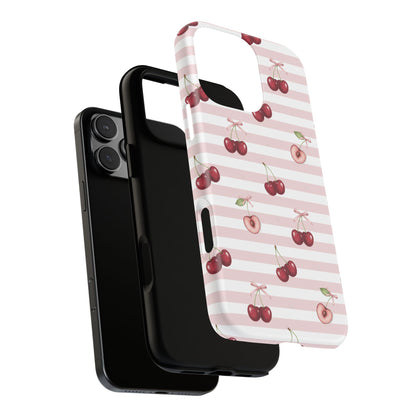 Pink Cherry Stripe Phone Case | Cute Coquette Aesthetic Protective Tough Case