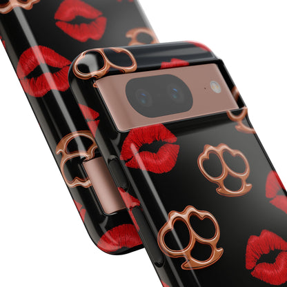 Red Lipstick & Knuckle Duster Phone Case | Bold Kiss Print Tough Protective Cover for Iphone, Samsung Galaxy and Pixel