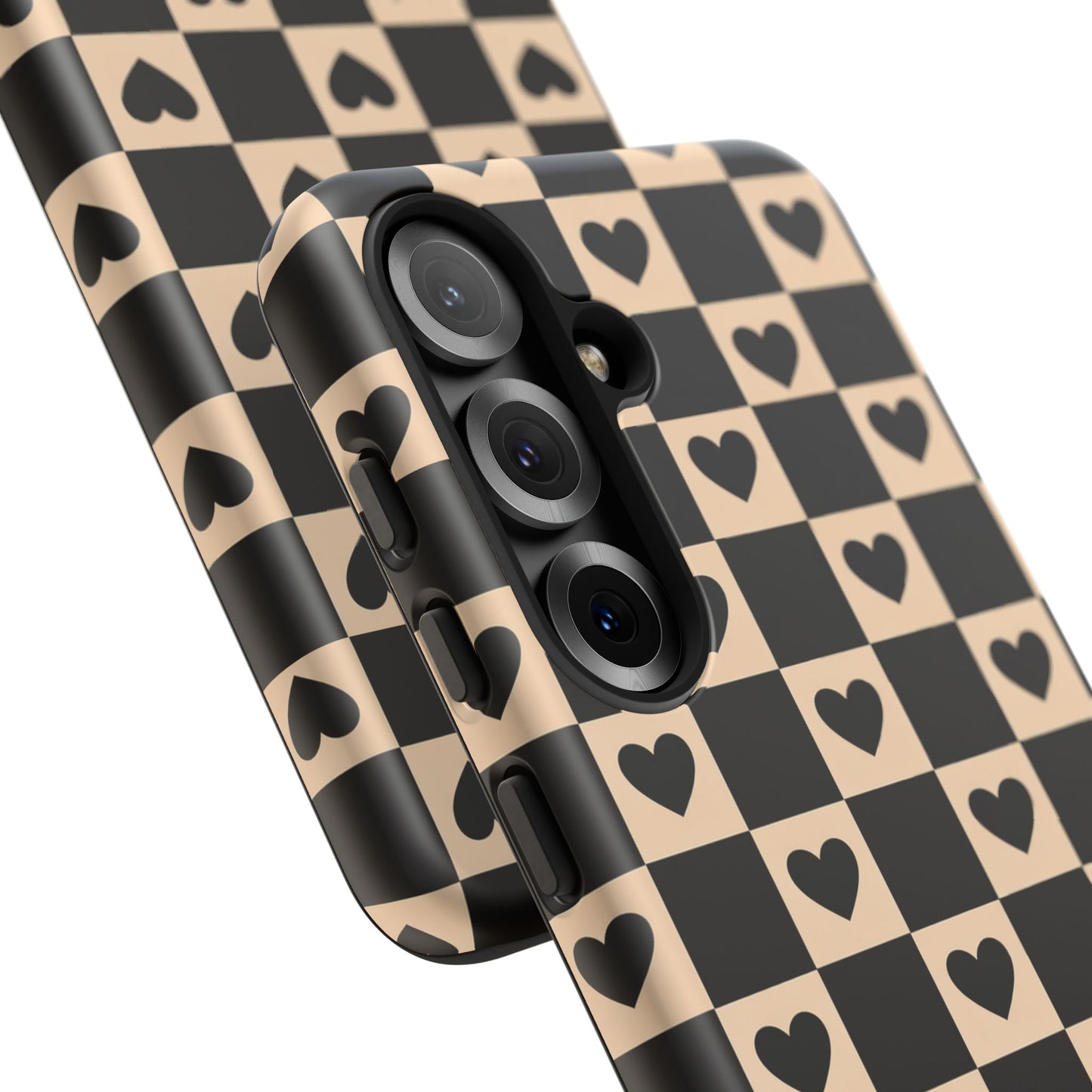 Checkerboard Heart Phone Case – Black & Beige Cute Aesthetic Protective Cover for Iphone, Samsung Galaxy and Pixel