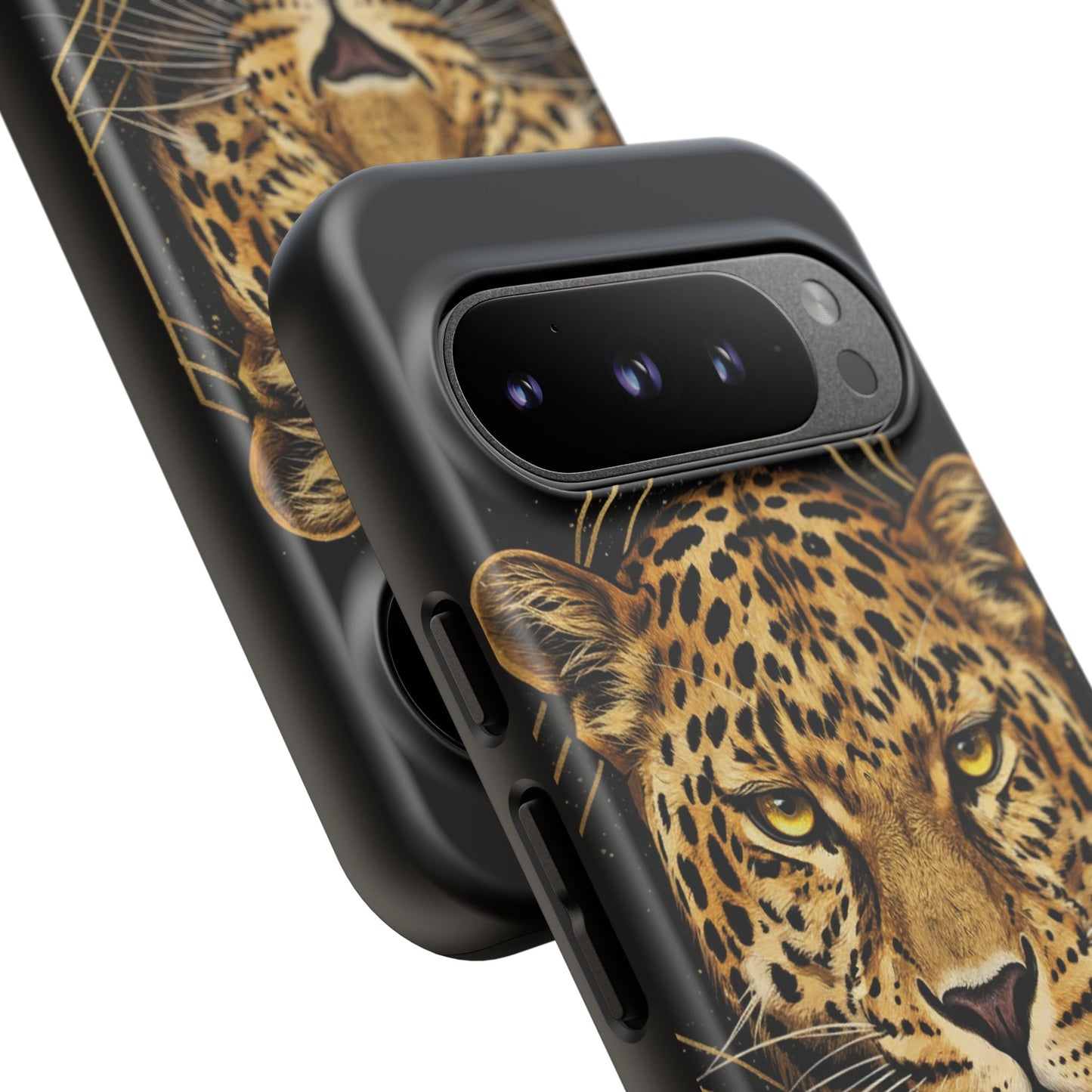 Leopard Head Geometric Phone Case – Black & Gold Luxe Tough Case