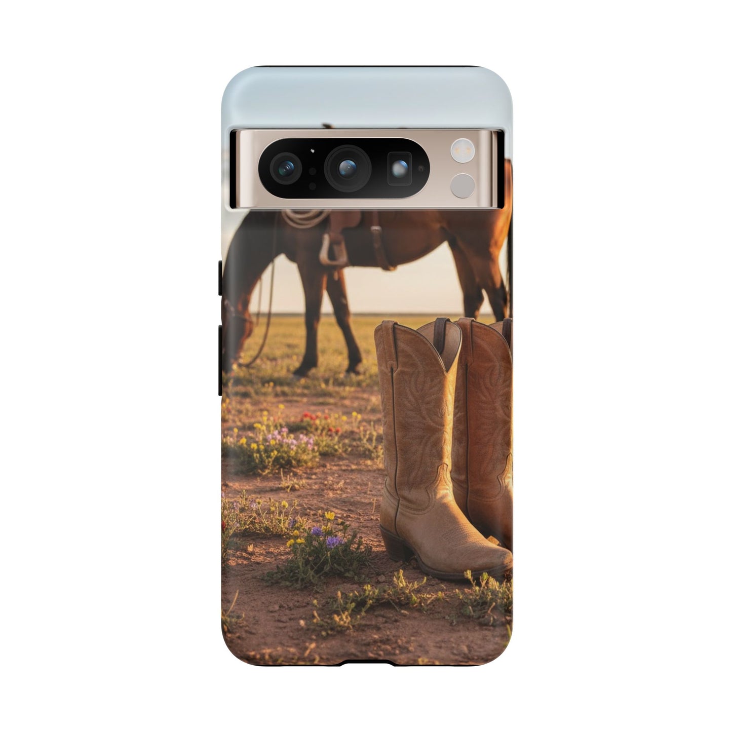 Western Cowboy Boots Phone Case – Rustic Horse Sunset Tough Case (iPhone, Samsung, Pixel)