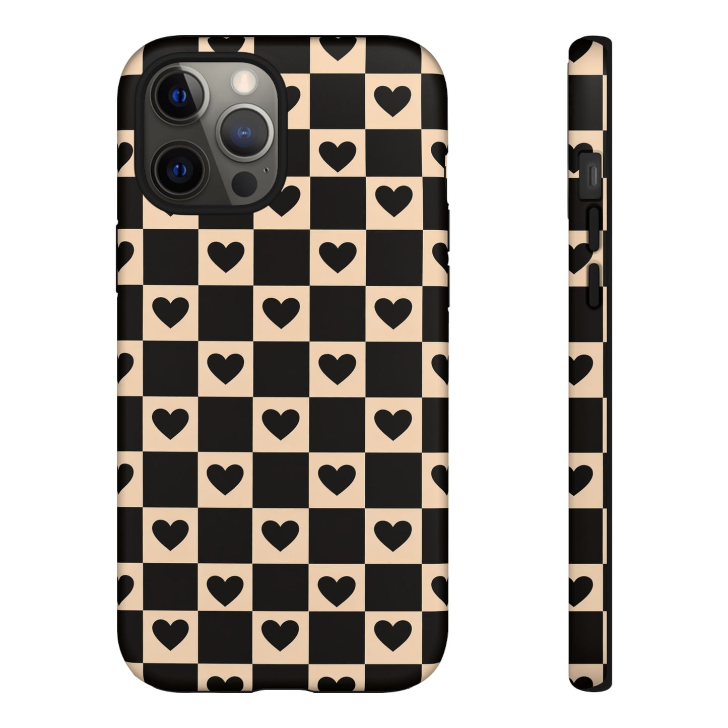 Checkerboard Heart Phone Case – Black & Beige Cute Aesthetic Protective Cover for Iphone, Samsung Galaxy and Pixel