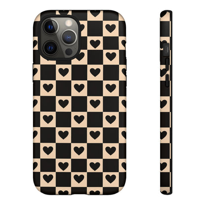 Checkerboard Heart Phone Case – Black & Beige Cute Aesthetic Protective Cover for Iphone, Samsung Galaxy and Pixel