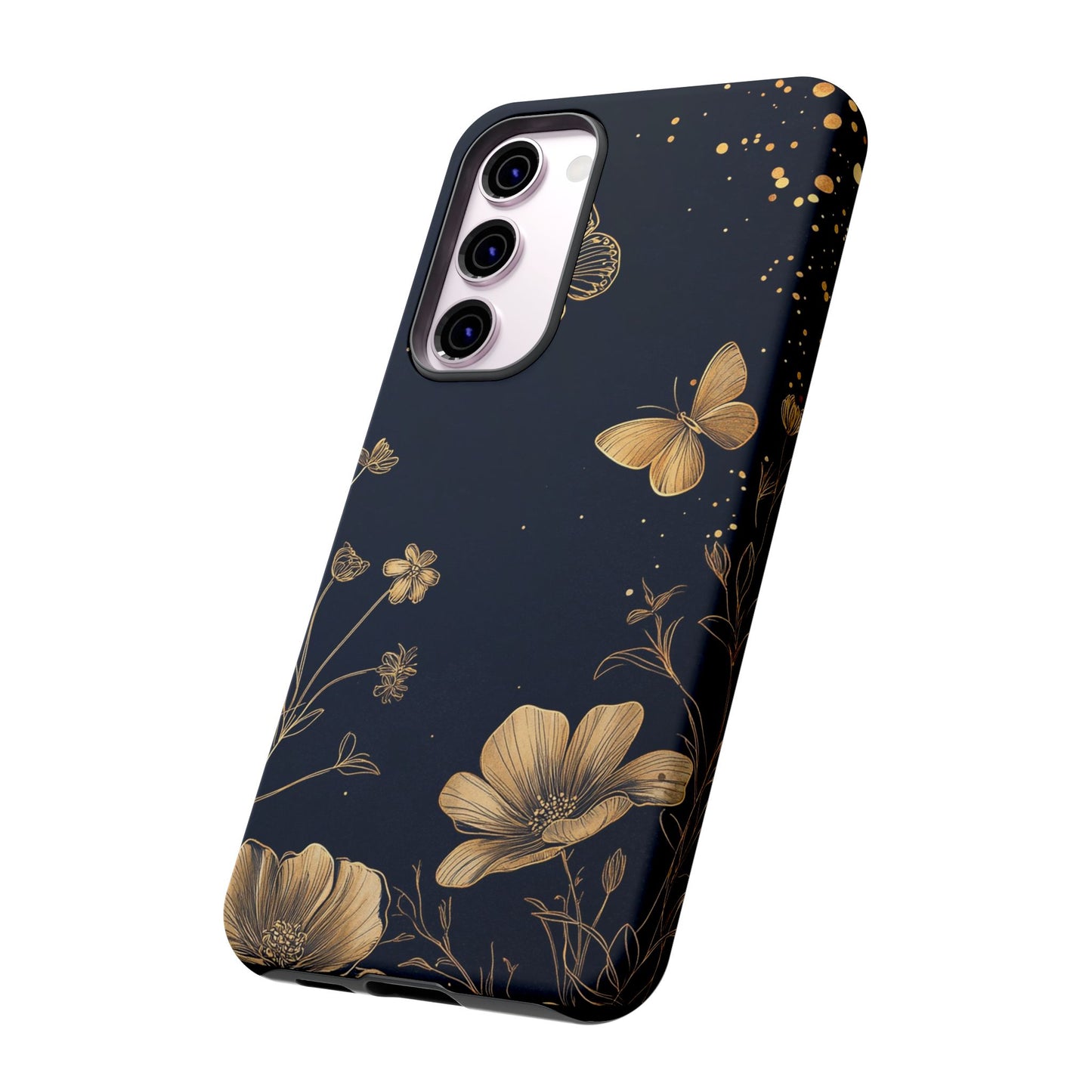 Gold Floral Butterfly Phone Case, Dark Aesthetic Botanical, Elegant Black Luxury iPhone Samsung Cover