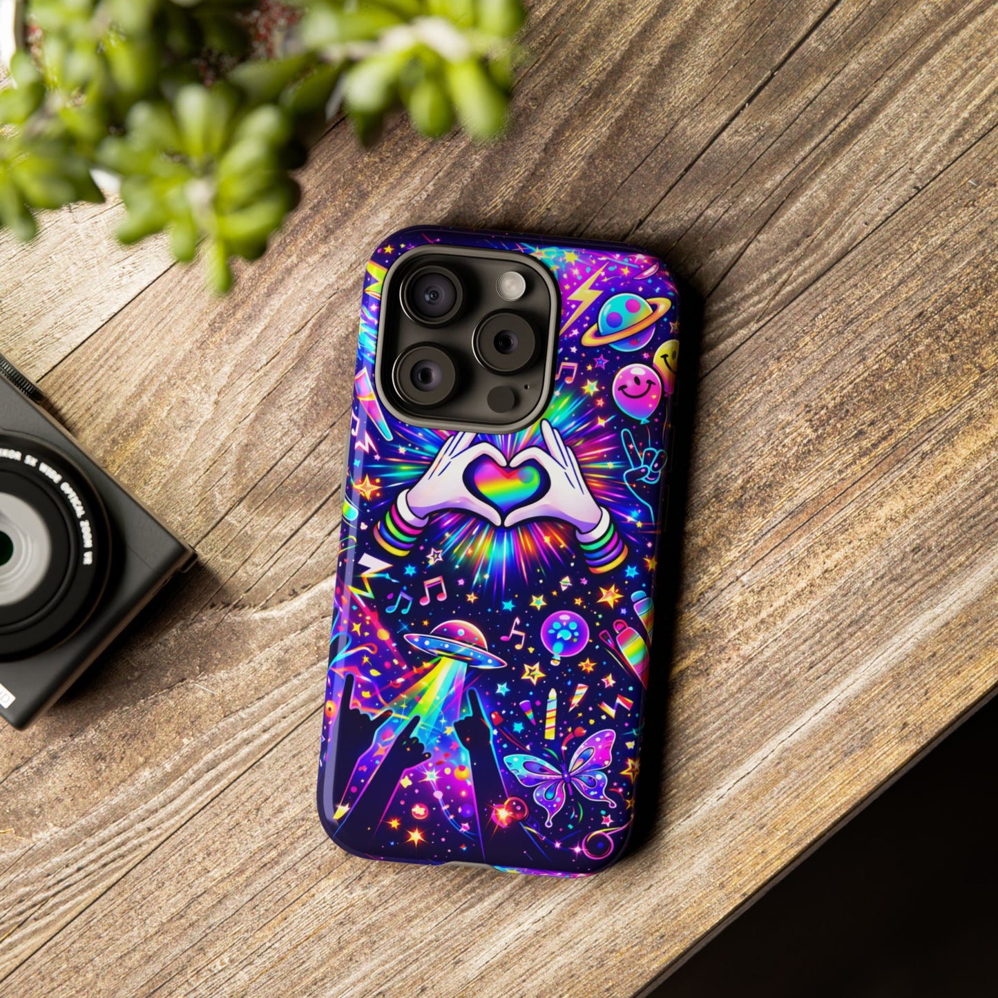 Rainbow Heart Hands Phone Case – Neon Galaxy EDM Festival Tough Cover