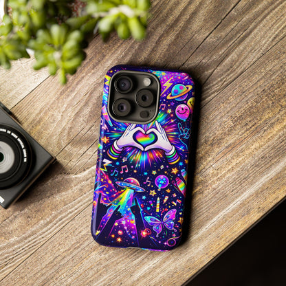 Rainbow Heart Hands Phone Case – Neon Galaxy EDM Festival Tough Cover