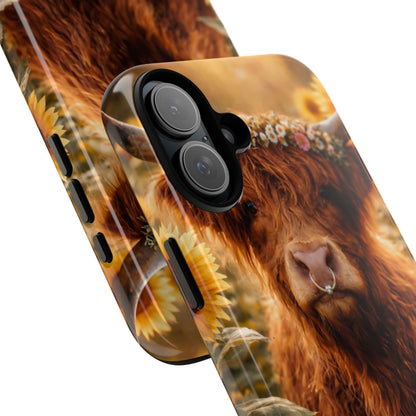 Highland Cow Sunflower Phone Case | Floral Farmhouse iPhone, Samsung Galaxy and Pixel Cover
