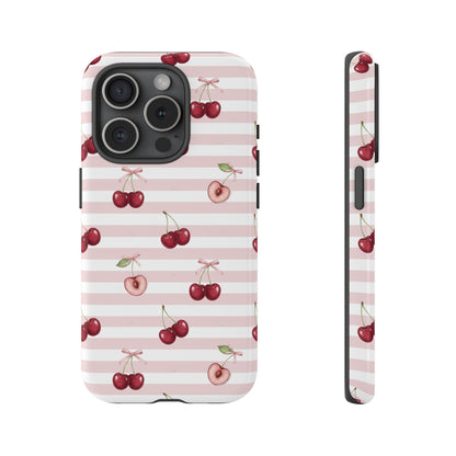 Pink Cherry Stripe Phone Case | Cute Coquette Aesthetic Protective Tough Case