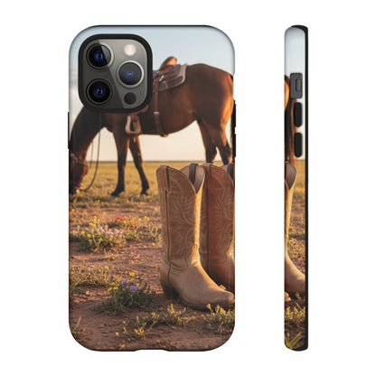 Western Cowboy Boots Phone Case – Rustic Horse Sunset Tough Case (iPhone, Samsung, Pixel)