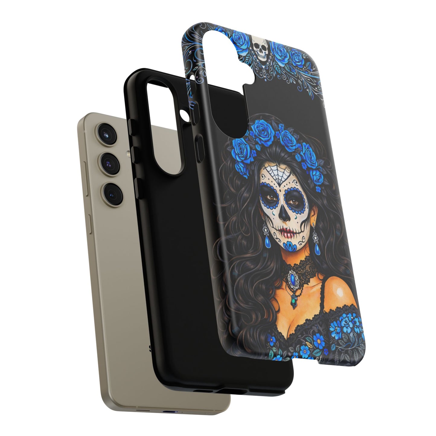 Blue Sugar Skull Woman Phone Case – Day of the Dead Aesthetic Tough Cover