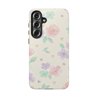Pastel Floral Phone Case – Coquette Watercolor Flower Hearts Tough Case (iPhone, Samsung, Pixel)