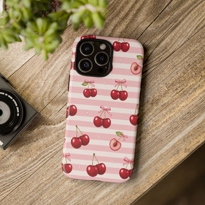 Coquette Cherry Bow Phone Case | Cute Pink Aesthetic Cherry Pattern Tough Case for iPhone & Samsung