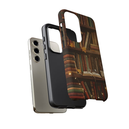Cozy Vintage Bookshelf Phone Case, Library Aesthetic Book Stack, Autumn Coffee Vibes (iPhone, Samsung, Pixel)