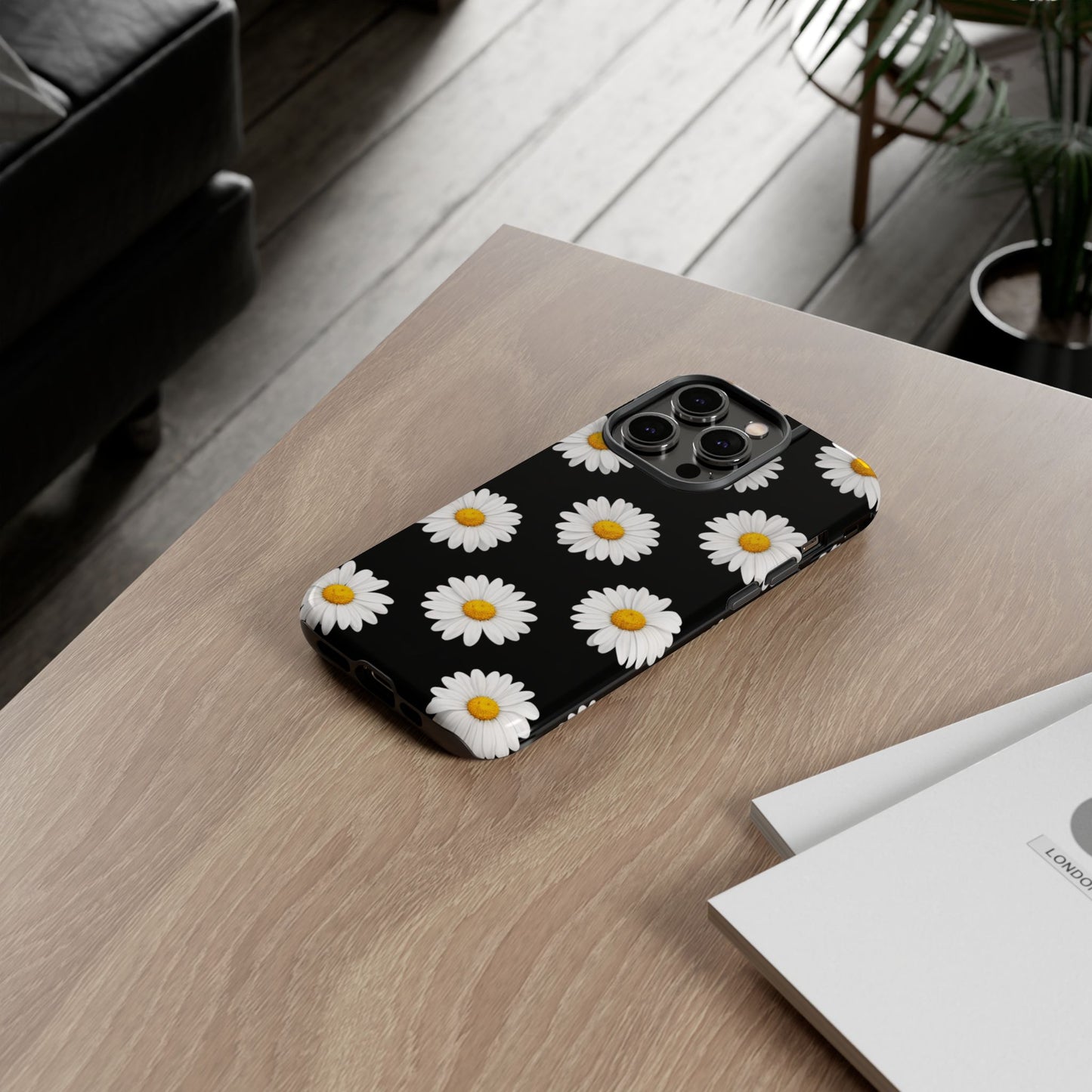 Black Daisy Floral Tough Phone Case – Cute Protective Cover for Iphone, Samsung Galaxy and Pixel