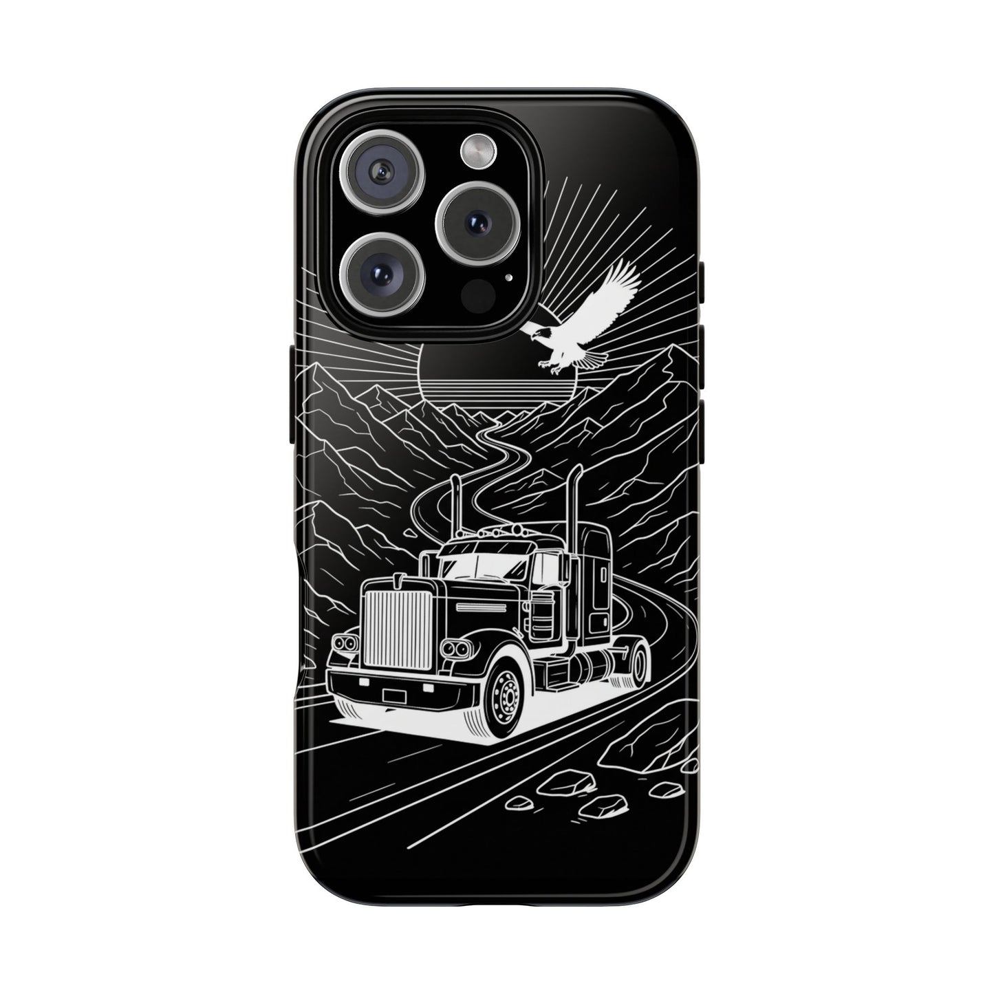 Trucker Highway Phone Case | Eagle & Mountain Line Art | Black Western Tough Case