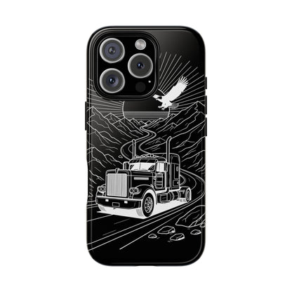 Trucker Highway Phone Case | Eagle & Mountain Line Art | Black Western Tough Case