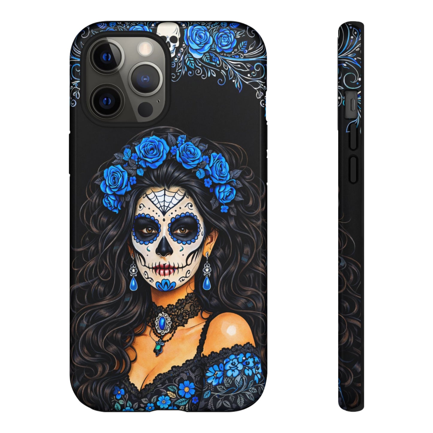 Blue Sugar Skull Woman Phone Case – Day of the Dead Aesthetic Tough Cover