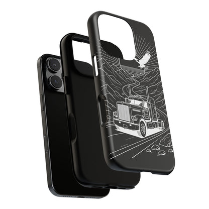 Trucker Highway Phone Case | Eagle & Mountain Line Art | Black Western Tough Case