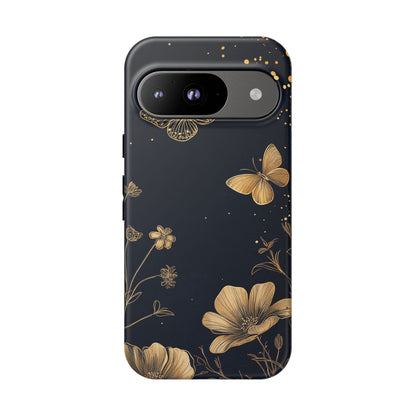 Gold Floral Butterfly Phone Case, Dark Aesthetic Botanical, Elegant Black Luxury iPhone Samsung Cover