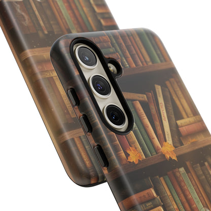 Cozy Vintage Bookshelf Phone Case, Library Aesthetic Book Stack, Autumn Coffee Vibes (iPhone, Samsung, Pixel)