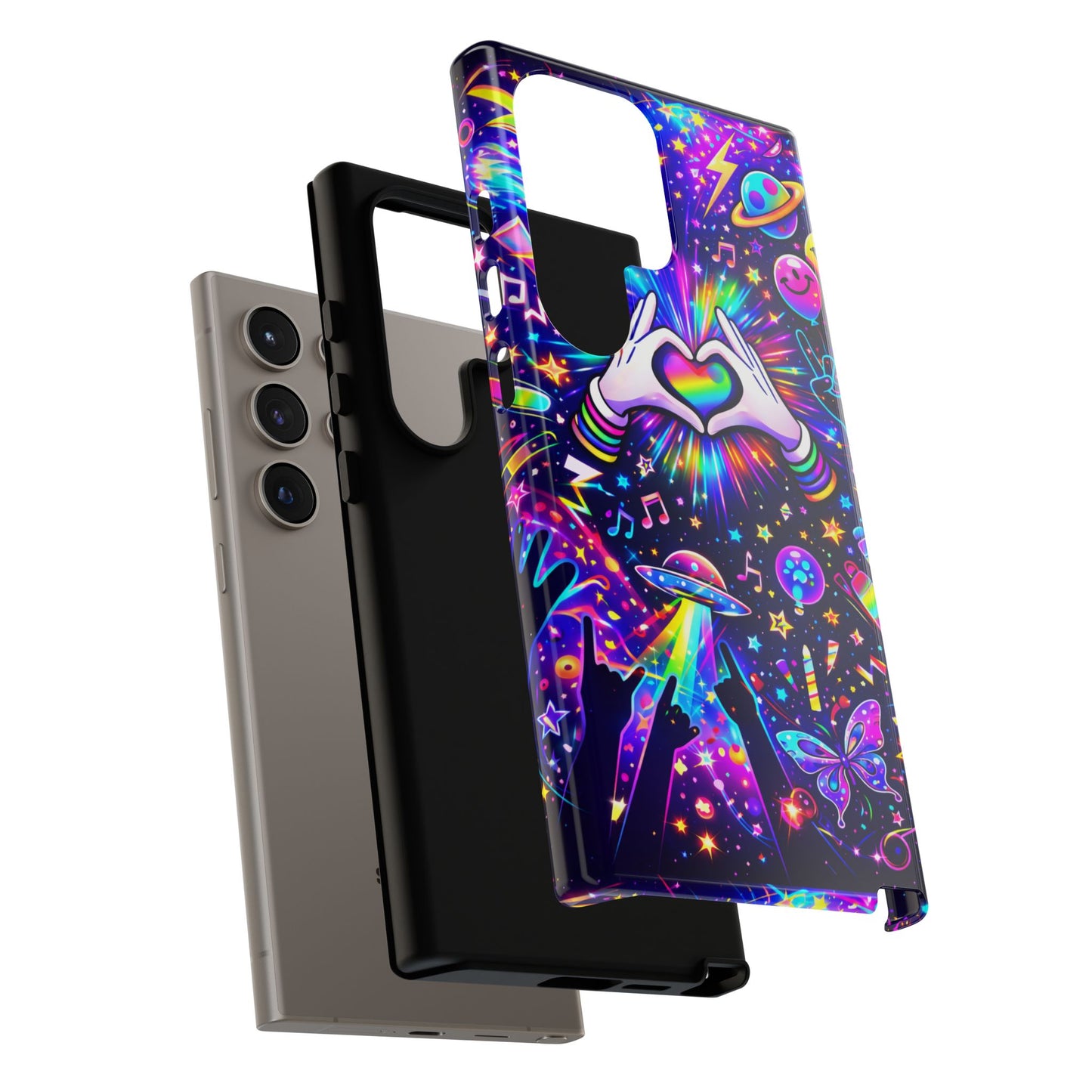 Rainbow Heart Hands Phone Case – Neon Galaxy EDM Festival Tough Cover