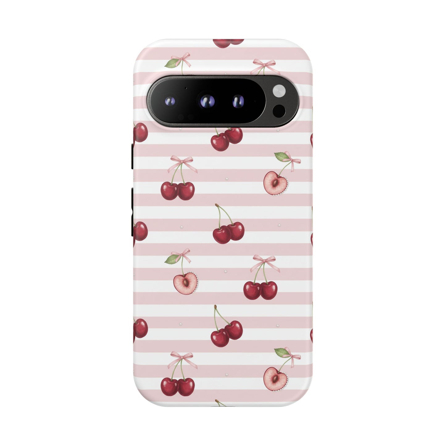 Pink Cherry Stripe Phone Case | Cute Coquette Aesthetic Protective Tough Case